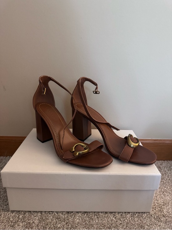 Coach Shoes - Coach Brown Leather Block Heel Sandals with Gold Hardware